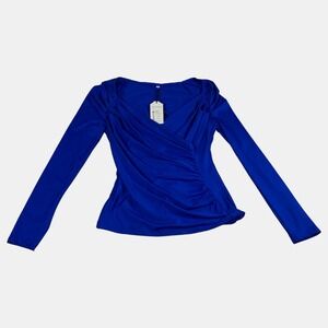 Blue‎ Ruched Wrap Long Sleeve V-neck Blouse Top Women's Size Small Casual Chic